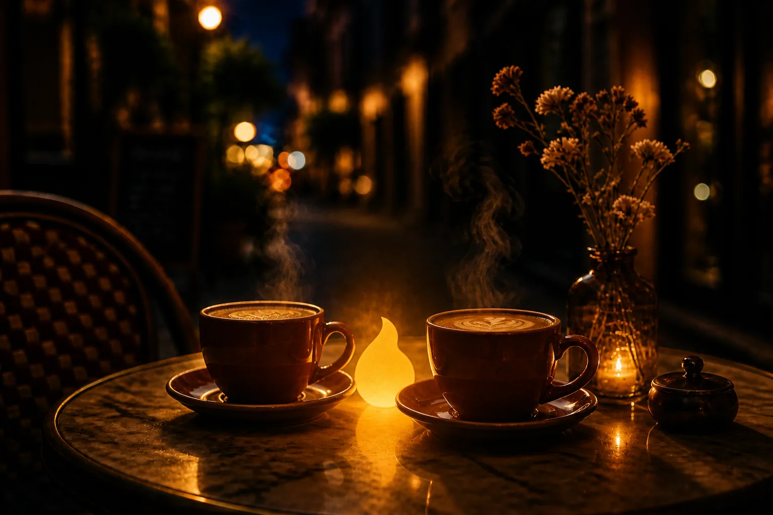 Composite social image: the Ember flame glowing on the midnight café table between two coffee cups