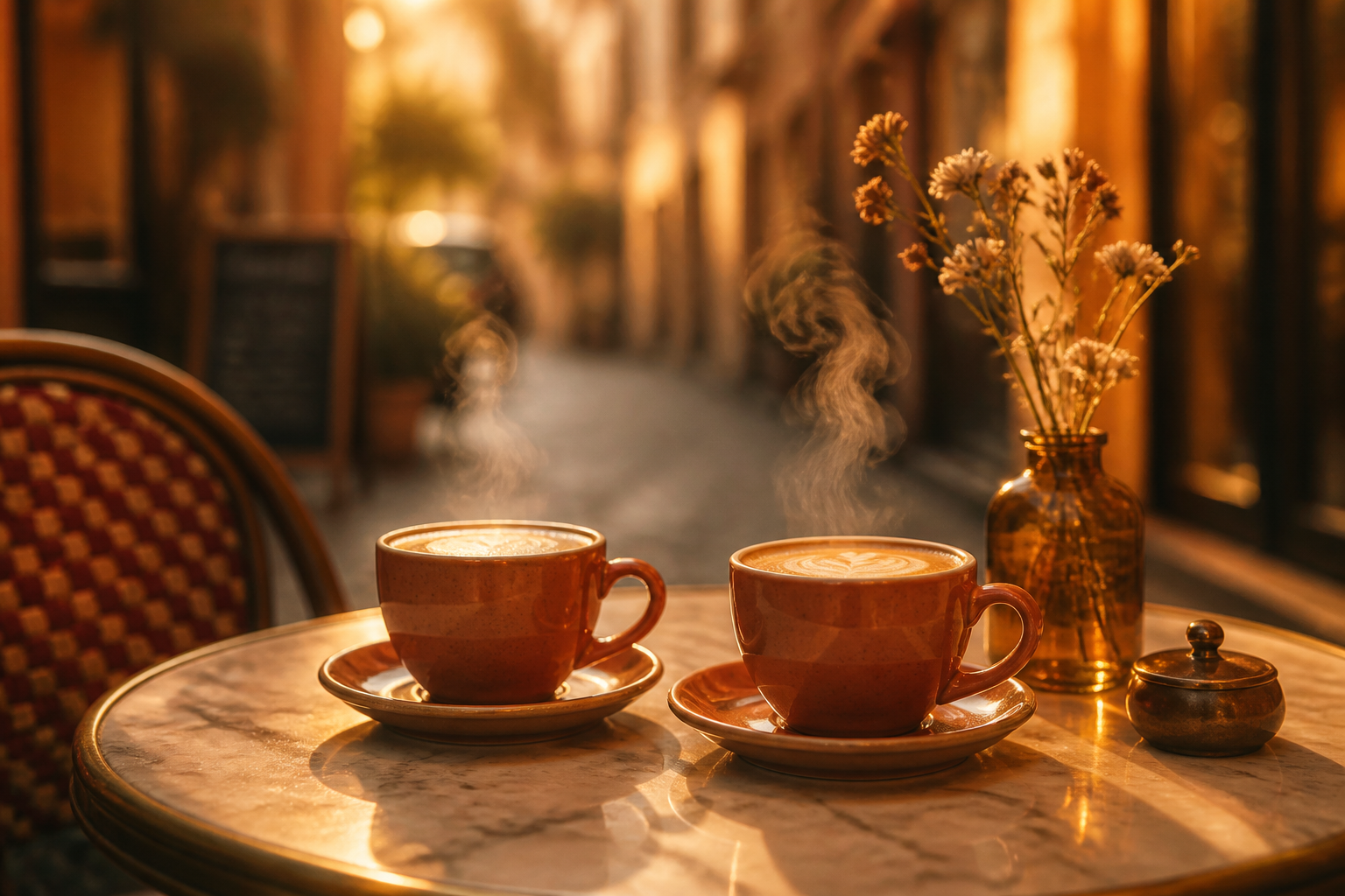 Two coffee cups on a café table at golden hour