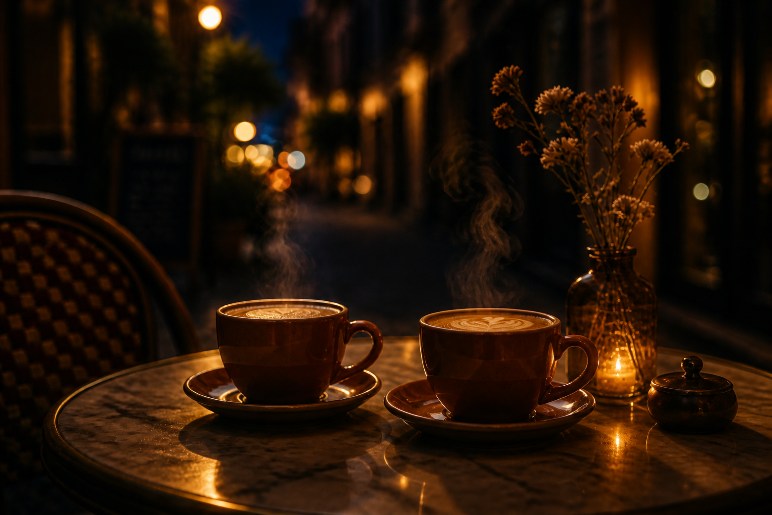 The same café table at midnight